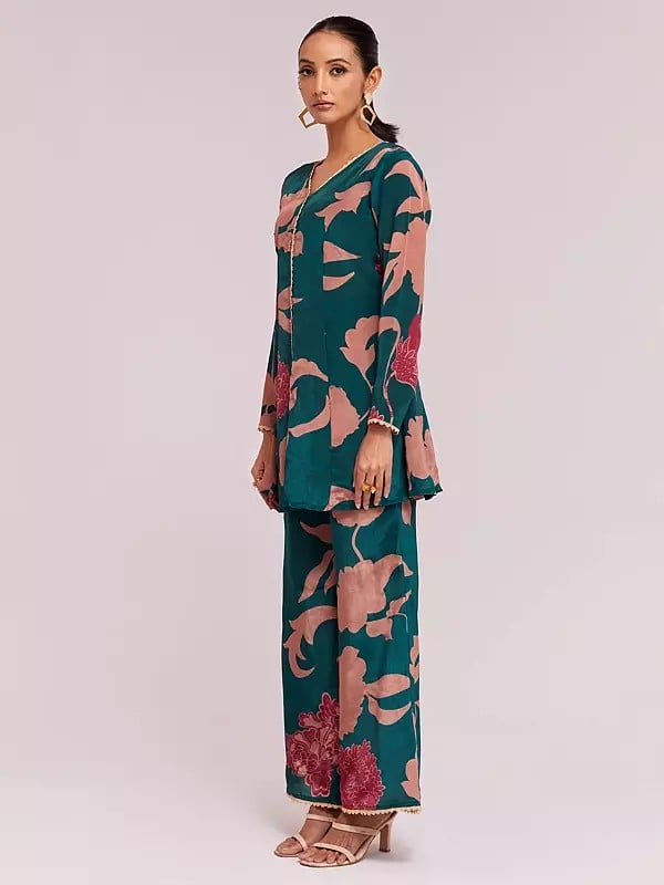 Exotic India Designer Crepe Printed Top With Pant Co-Ord Set For Casual Occasion 