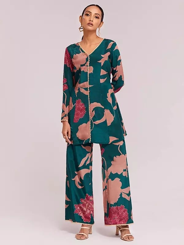 Exotic India Designer Crepe Printed Top With Pant Co-Ord Set For Casual Occasion 