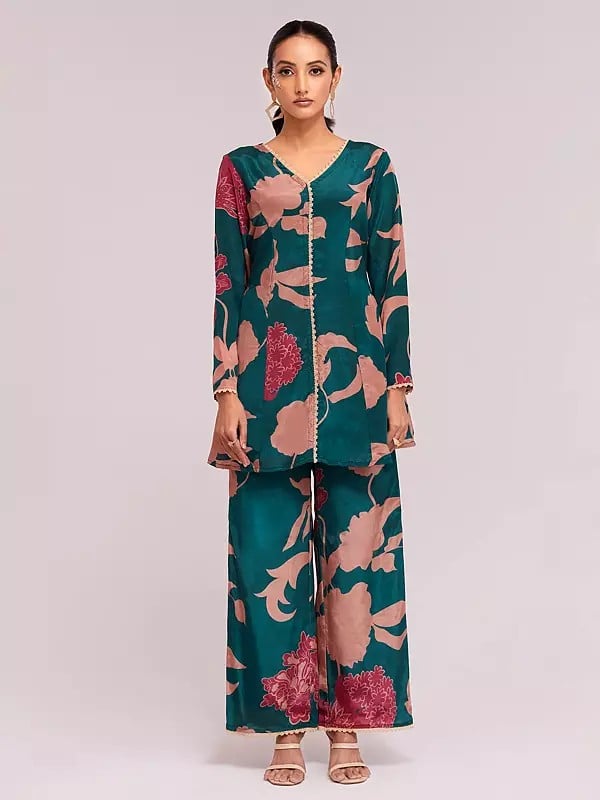 exotic india Designer Crepe Printed Top With Pant Co-Ord Set For Casual Occasion 