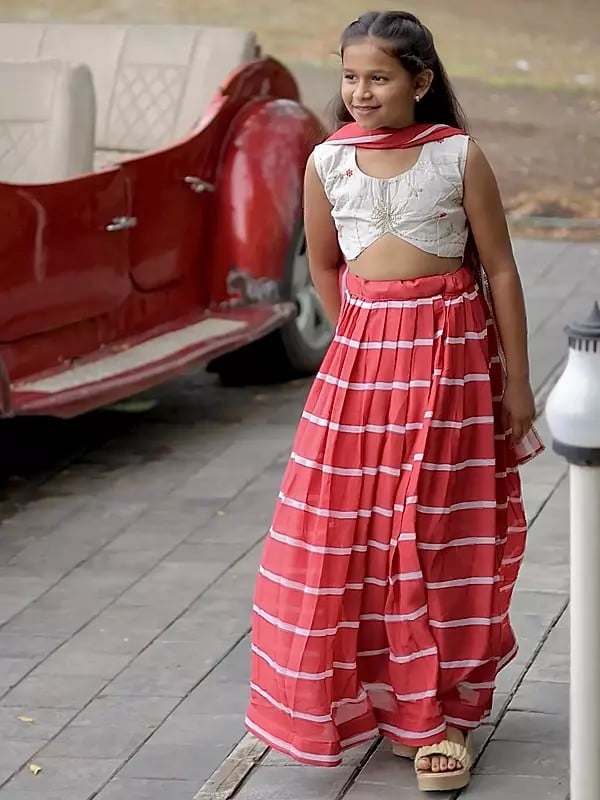 Exotic India Designer Digital Printed Faux Gorgette Sequance Work Lehenga Choli For Kids 