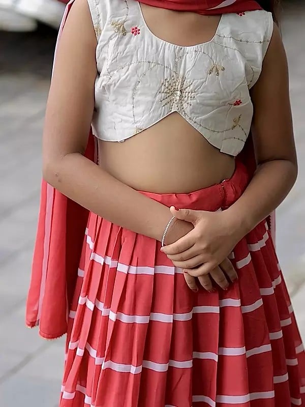 Exotic India Designer Digital Printed Faux Gorgette Sequance Work Lehenga Choli For Kids 