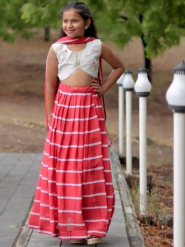 exotic india Designer Digital Printed Faux Gorgette Sequance Work Lehenga Choli for Kids 