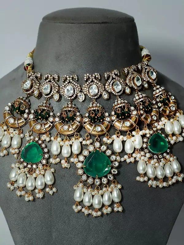 Exotic India Designer Embellished And Beaded Copper And Kundan Necklace Set With Earrings