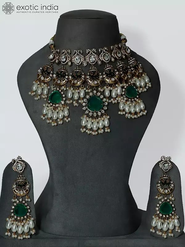 exotic india Designer Embellished And Beaded Copper And Kundan Necklace Set With Earrings 