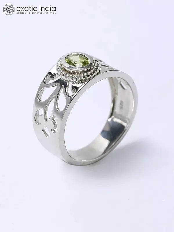 Exotic India Designer Faceted Peridot Ring | Sterling Silver Jewelry 