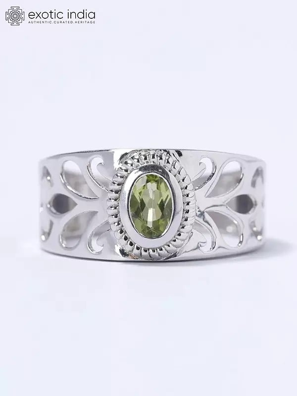 Exotic India Designer Faceted Peridot Ring | Sterling Silver Jewelry 