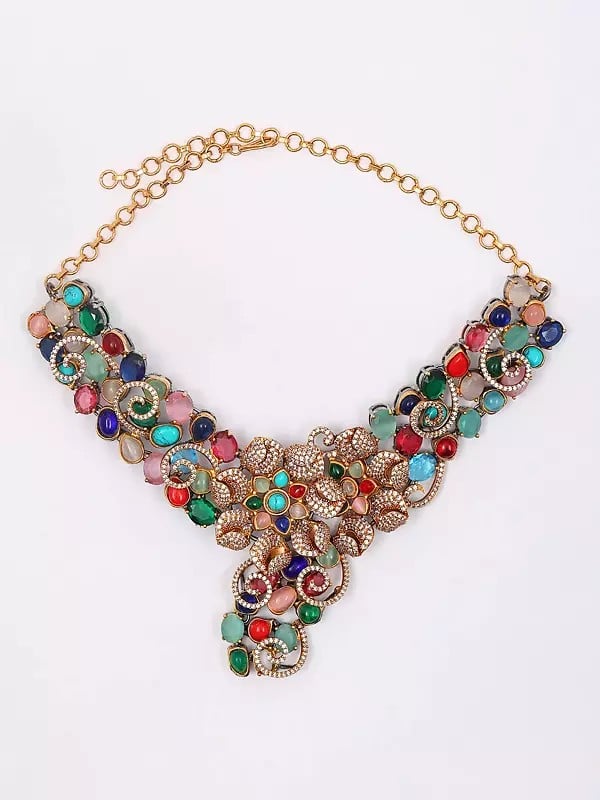 Exotic India Designer Floral Design Choker Necklace Set With Earrings 
