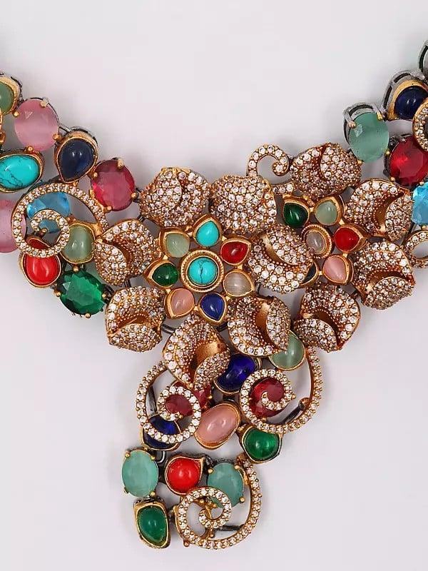 Exotic India Designer Floral Design Choker Necklace Set With Earrings 