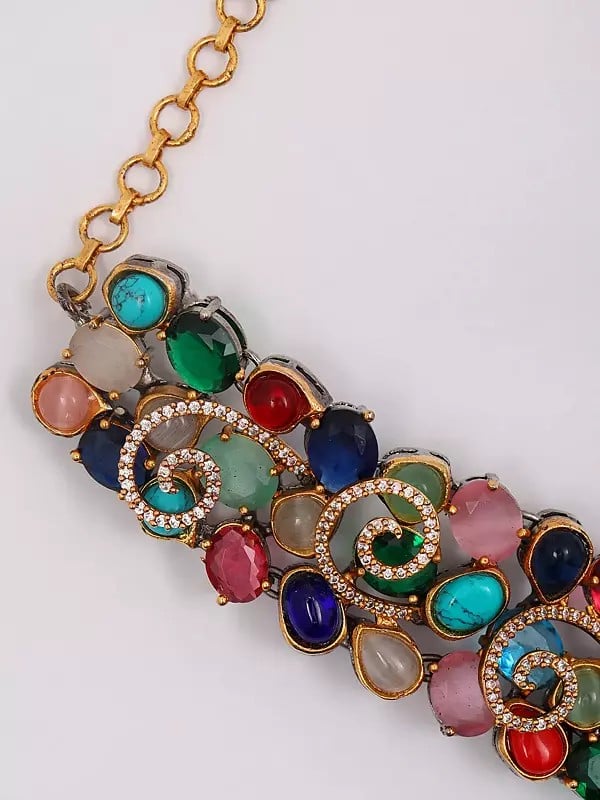 Exotic India Designer Floral Design Choker Necklace Set With Earrings 