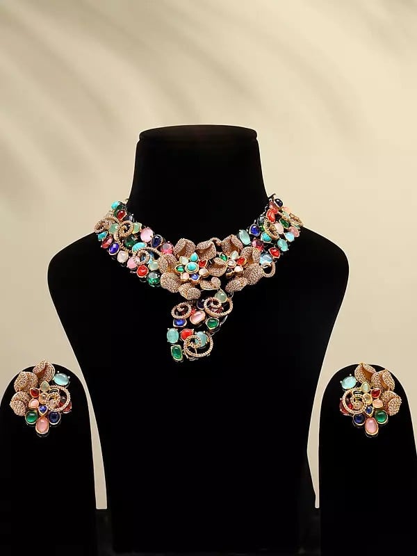 exotic india Designer Floral Design Choker Necklace Set with Earrings 