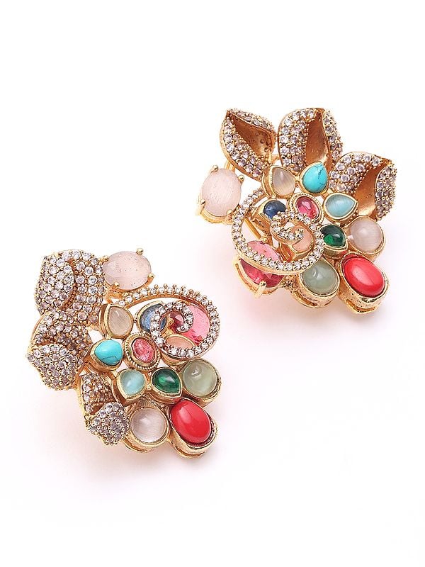 Exotic India Designer Floral Earrings With Multicolor Stones