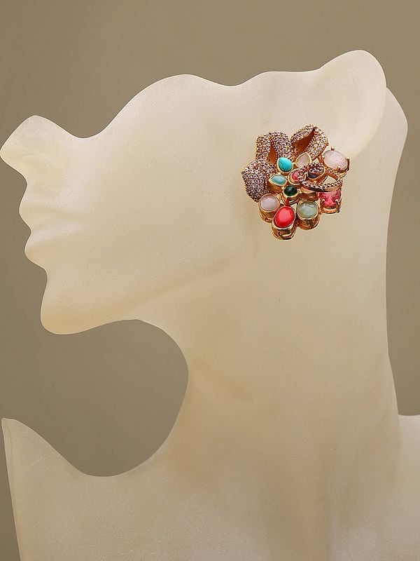 Exotic India Designer Floral Earrings With Multicolor Stones