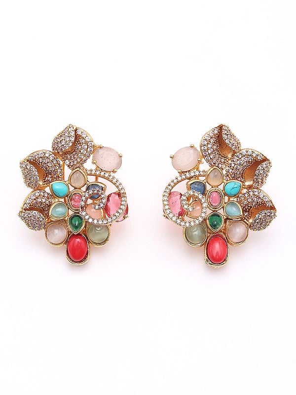 exotic india Designer Floral Earrings with Multicolor Stones 
