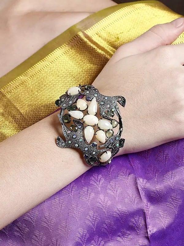 Exotic India Designer Flying Fish Bracelet With Diamond White Opal And Tourmaline 