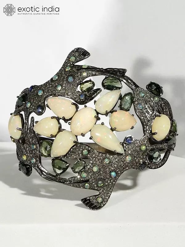 Exotic India Designer Flying Fish Bracelet With Diamond White Opal And Tourmaline 