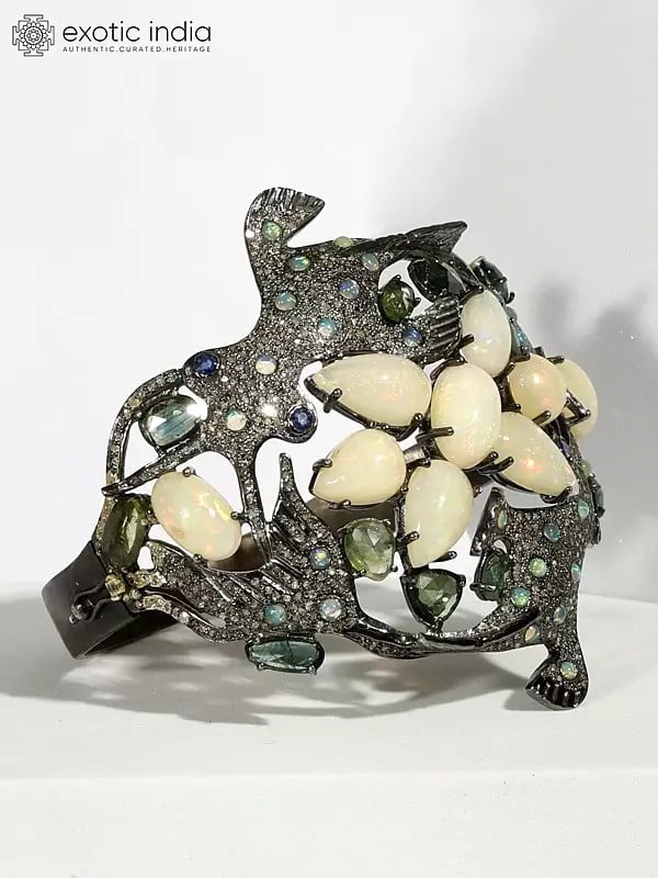 Exotic India Designer Flying Fish Bracelet With Diamond White Opal And Tourmaline 