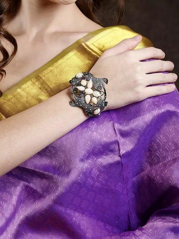 exotic india Designer Flying Fish Bracelet with Diamond White Opal and Tourmaline 