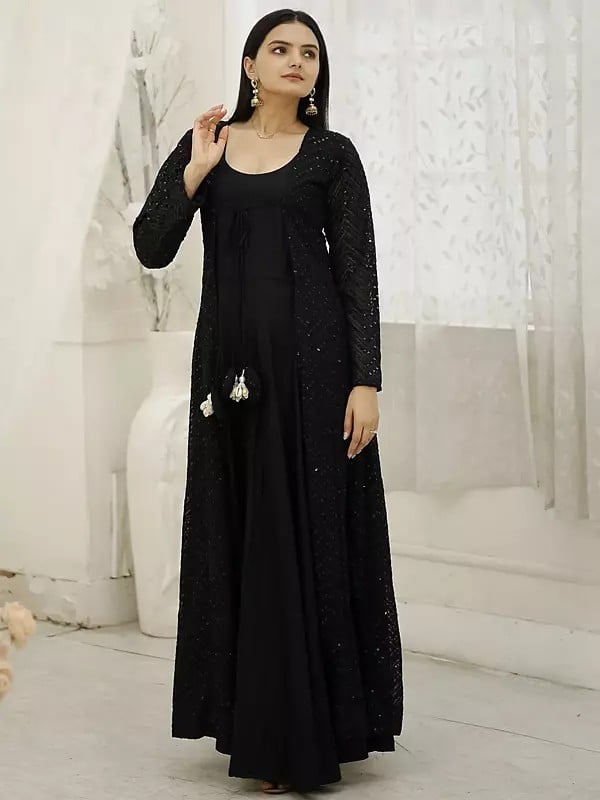 Exotic India Designer Georgette Crochet Embroidery Work Rayon Black Gown With Shrug 