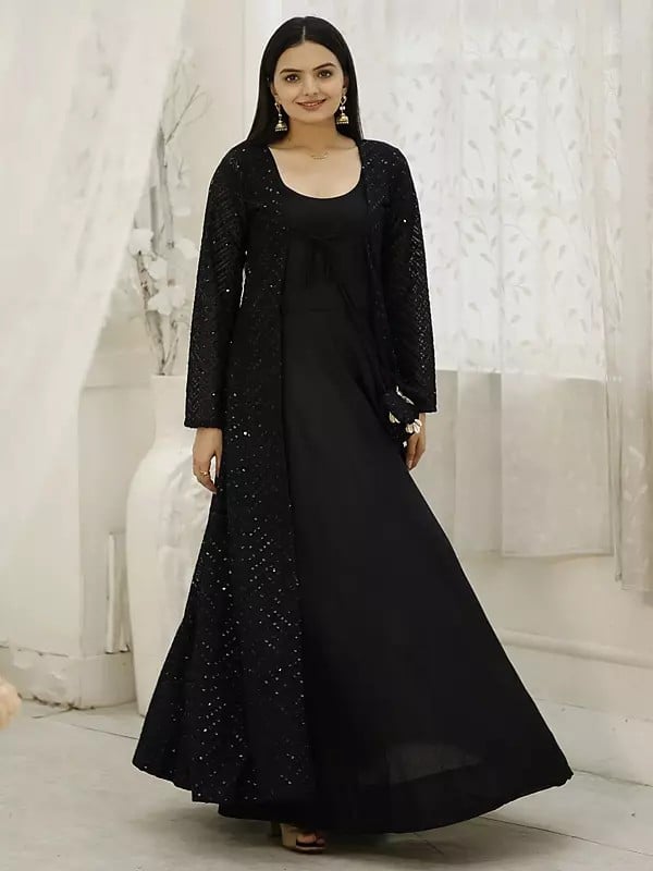 Exotic India Designer Georgette Crochet Embroidery Work Rayon Black Gown With Shrug 