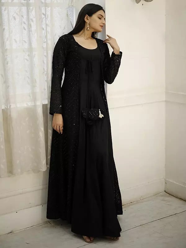 Exotic India Designer Georgette Crochet Embroidery Work Rayon Black Gown With Shrug 