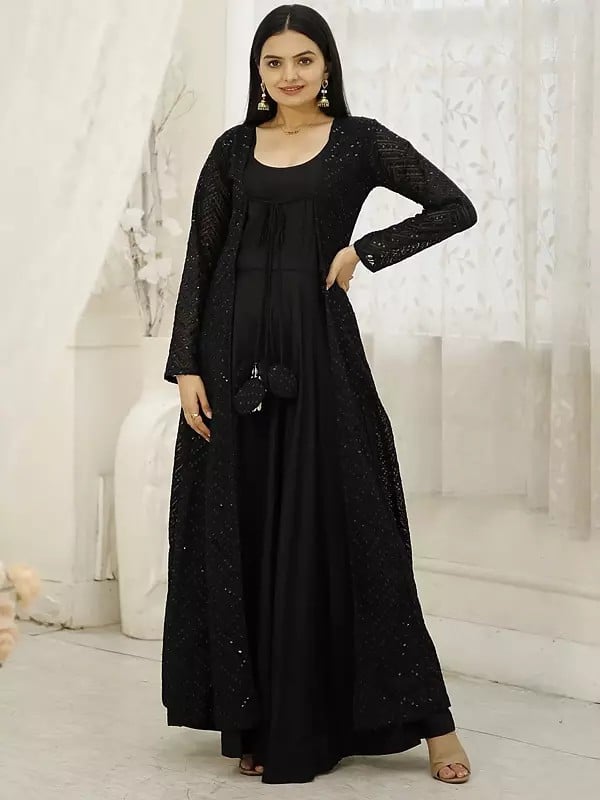 exotic india Designer Georgette Crochet Embroidery Work Rayon Black Gown with Shrug 