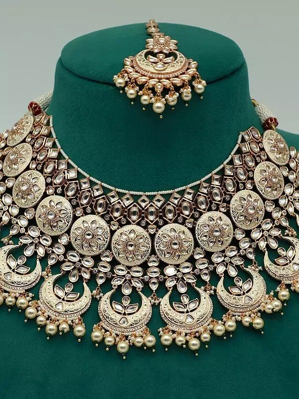Exotic India Designer Heavy Necklace Set For Bridal With Mangtika And Earrings