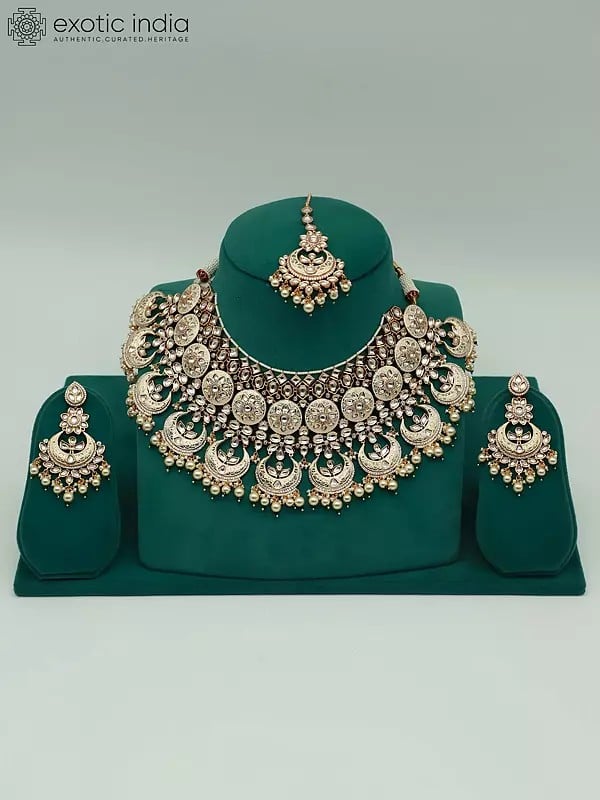 exotic india Designer Heavy Necklace Set For Bridal With Mangtika And Earrings 