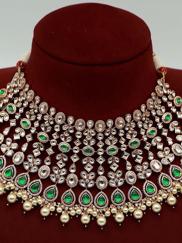 Exotic India Designer Heavy Necklace Set In Brass For Wedding With Earrings And Mangtika