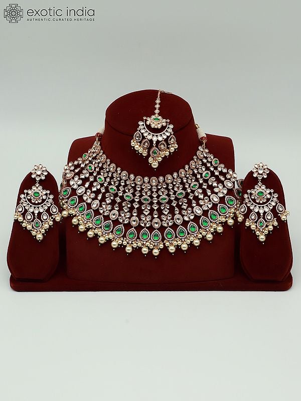 exotic india Designer Heavy Necklace Set In Brass For Wedding With Earrings And Mangtika 