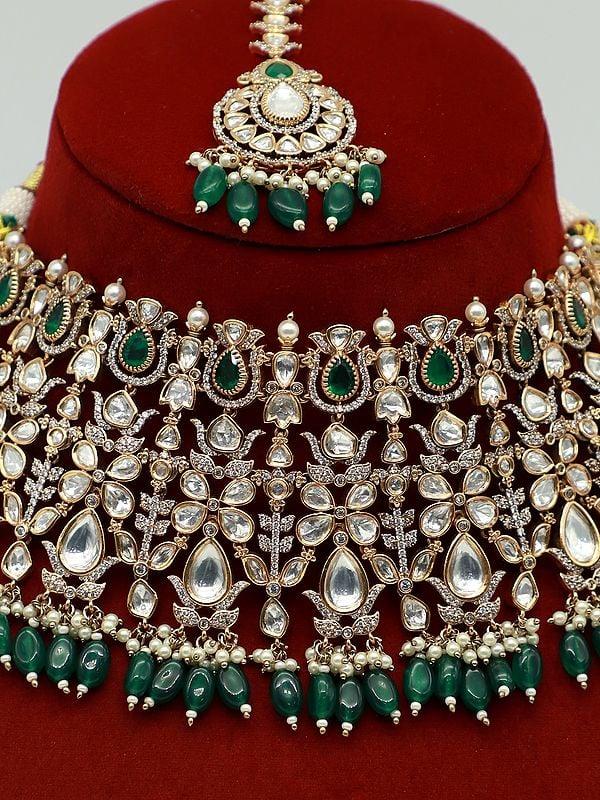 Exotic India Designer Heavy Necklace Set With Moissanite Kundan And Earrings 