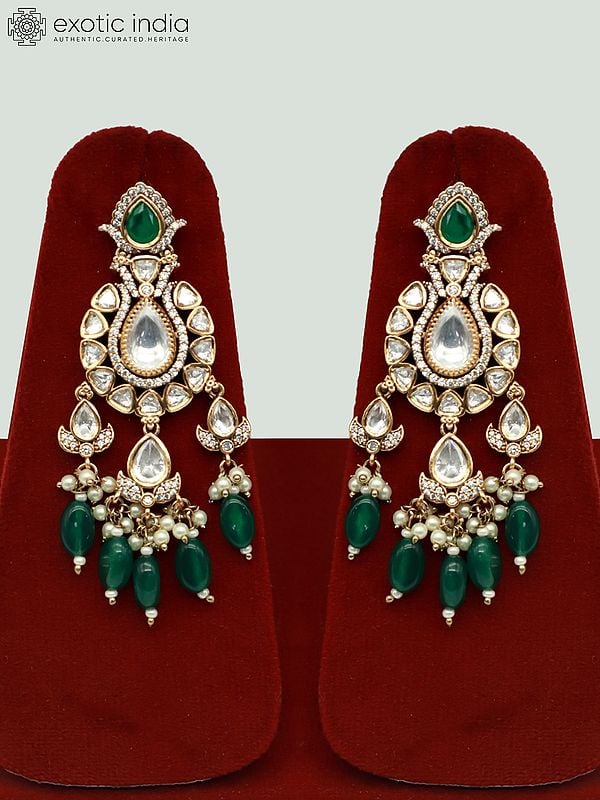 Exotic India Designer Heavy Necklace Set With Moissanite Kundan And Earrings 