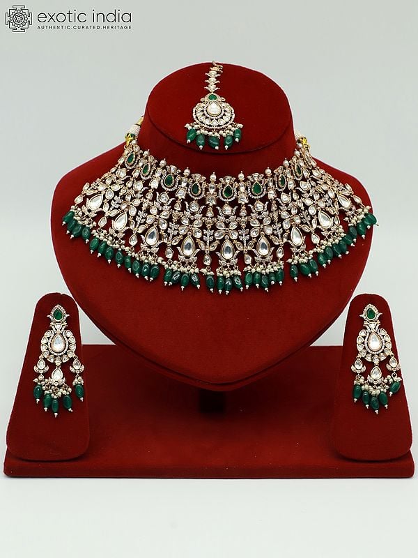 exotic india Designer Heavy Necklace Set With Moissanite Kundan And Earrings 