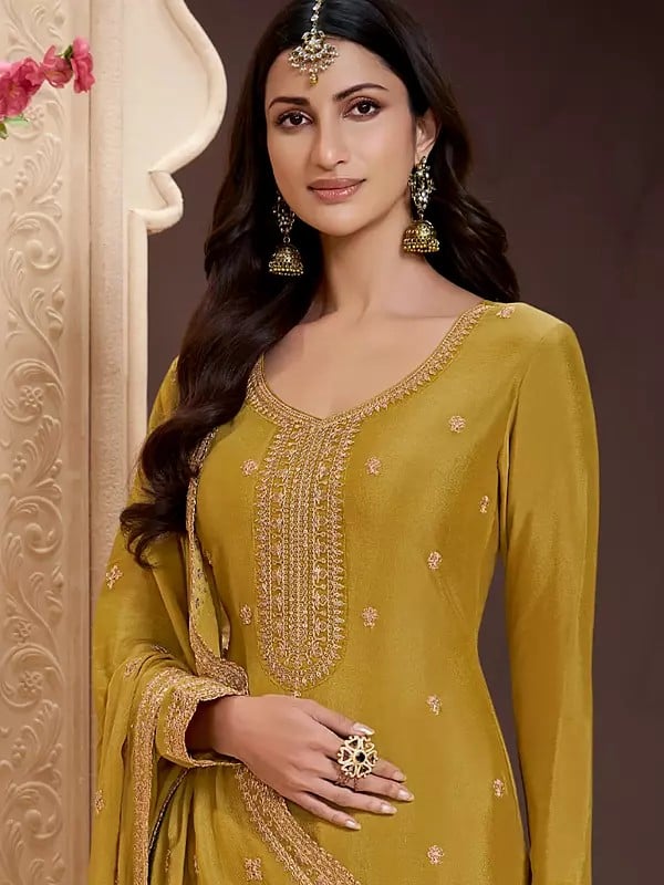 Exotic India Designer Heavy Thread Embroidery And Sequins Work Chinon Palazzo Suit With Dupatta 