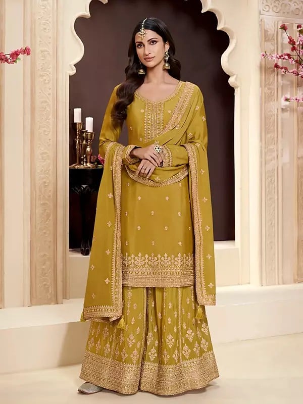 exotic india Designer Heavy Thread Embroidery And Sequins Work Chinon Palazzo Suit With Dupatta 