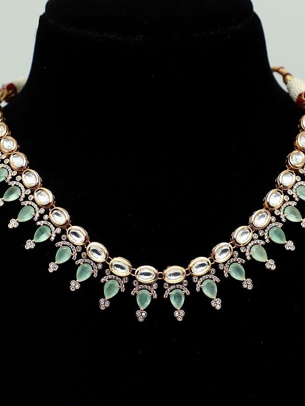 Exotic India Designer Light Necklace Set With Beautiful Earrings And Studded Kundan