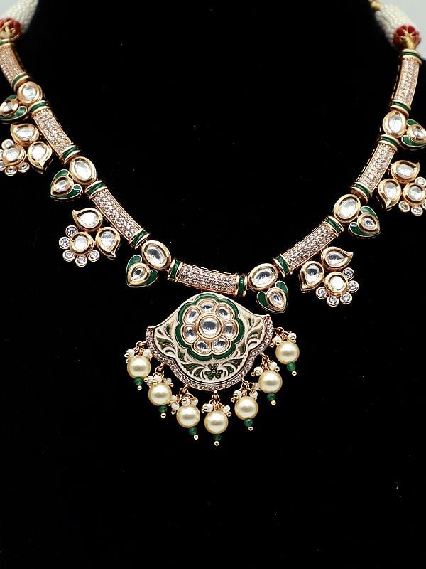 Exotic India Designer Meenakari Light Necklace Set With Matching Earrings And Beads