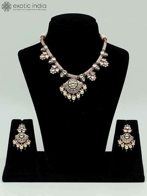 exotic india Designer Meenakari Light Necklace Set With Matching Earrings And Beads 