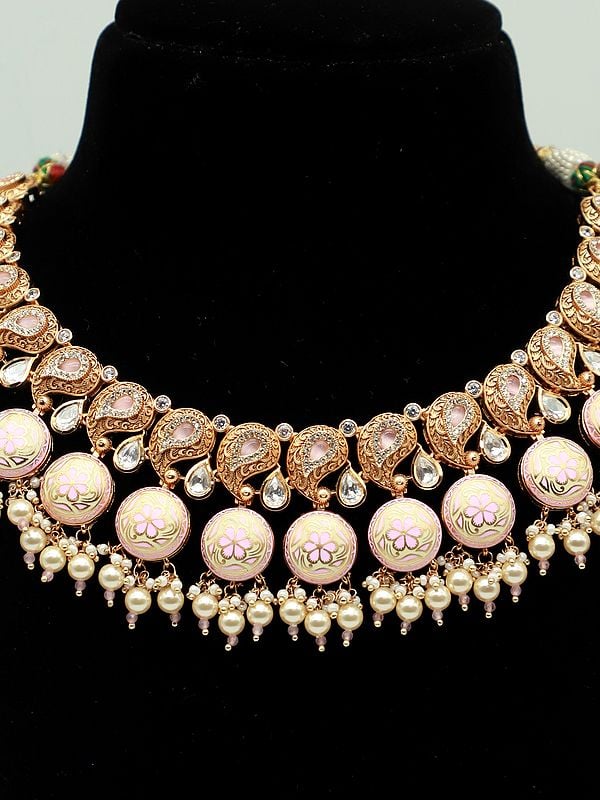 Exotic India Designer Meenakari Necklace Set In Brass With Kundan Stone And Earrings