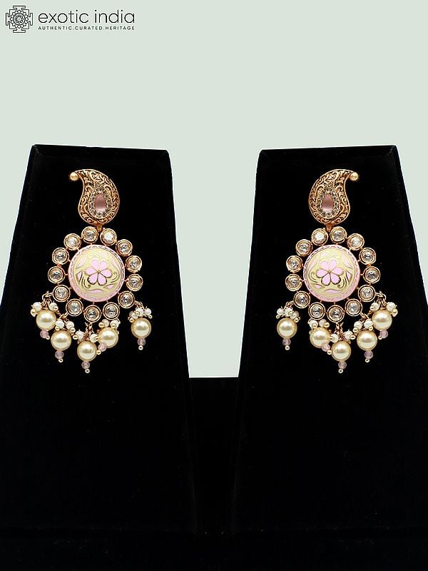 Exotic India Designer Meenakari Necklace Set In Brass With Kundan Stone And Earrings
