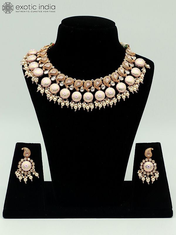 exotic india Designer Meenakari Necklace Set In Brass With Kundan Stone And Earrings 