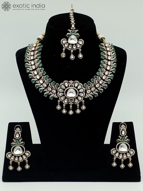 exotic india Designer Moissanite Kundan Set For Bride With Earrings And Mangtika 