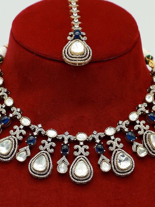 Exotic India Designer Moissanite Necklace Set With Doublet Stone Mangtika And Earrings