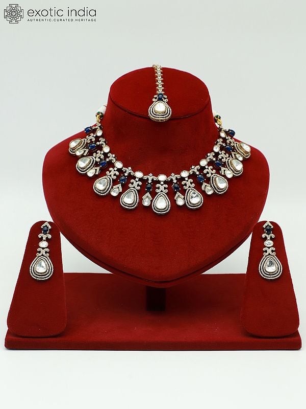 exotic india Designer Moissanite Necklace Set With Doublet Stone Mangtika And Earrings 