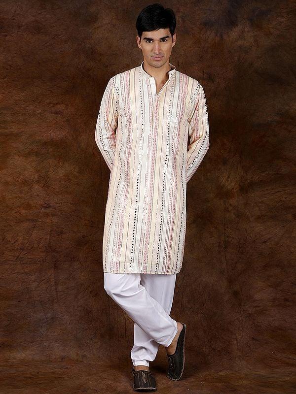 Exotic India Designer Multi-Colored Kurta Pajama Set With Mirrors And Embroidered Sequins 