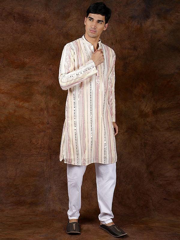 Exotic India Designer Multi-Colored Kurta Pajama Set With Mirrors And Embroidered Sequins 