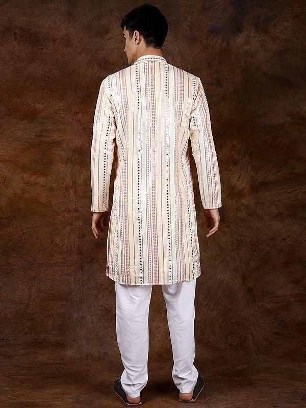 Exotic India Designer Multi-Colored Kurta Pajama Set With Mirrors And Embroidered Sequins 