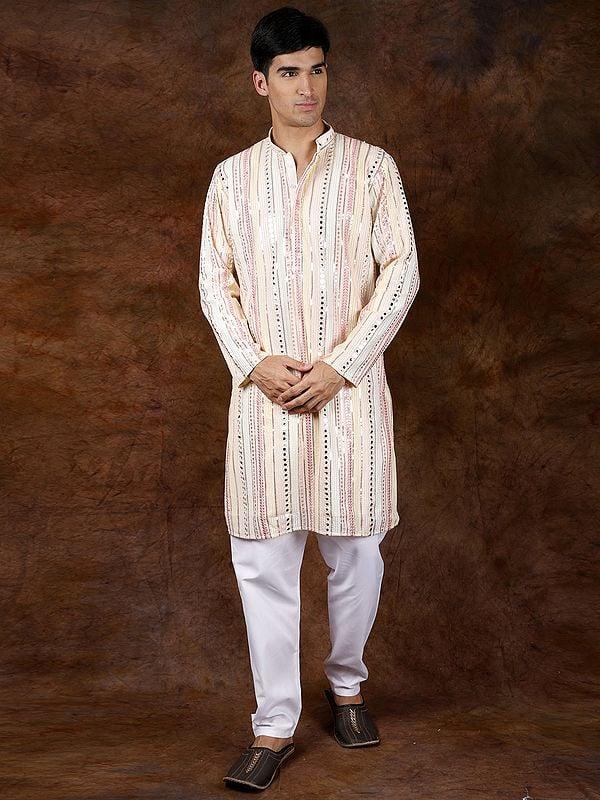exotic india Designer Multi-Colored Kurta Pajama Set with Mirrors and Embroidered Sequins 