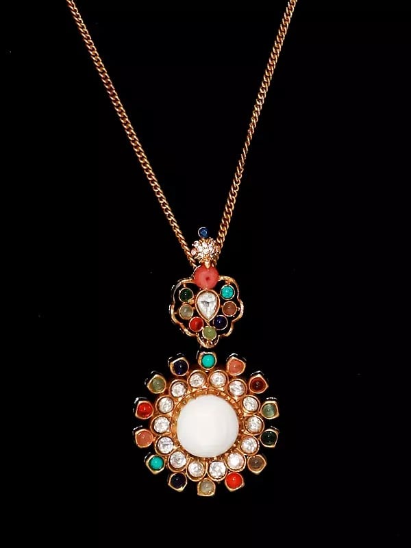 Exotic India Designer Multicolor Round Shaped Stone Pendant With Earrings