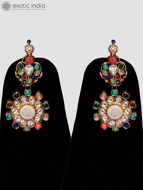 Exotic India Designer Multicolor Round Shaped Stone Pendant With Earrings
