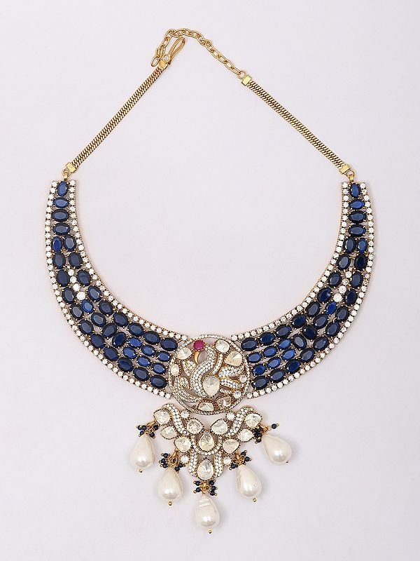 Exotic India Designer Necklace & Earrings Set With Moissanite And Kundan